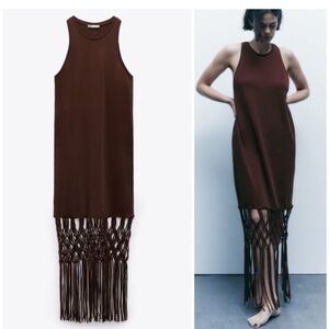 Zara NWT combination macrame fringed dress brown